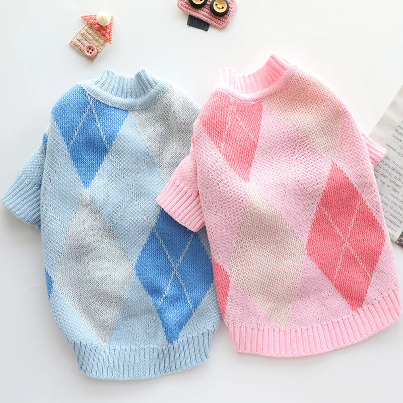

Plaid Sweaters Dog Clothes Cardigan Soft For Dogs Small Clothing Pet Outfits Warm Autumn Winter Yorkies Print Blue Boy Chien