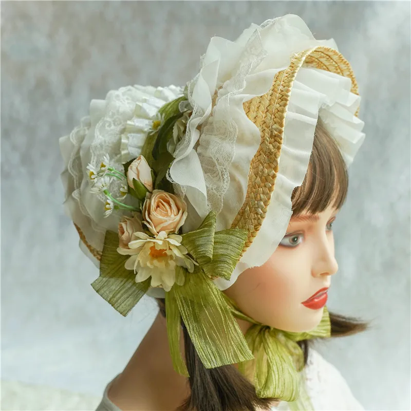 2023 Hot Selling Rural Lolita Hat for Girls, Palace Lace Flower French Vintage Straw Cap