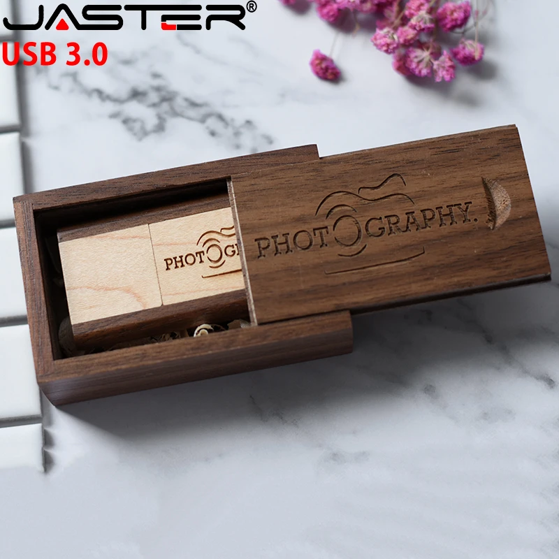 

JASTER USB 3.0 flash drive Free custom logo Wooden box Memory stick Photography Studio gift Pen drive Rotatable 128GB 64GB 32GB