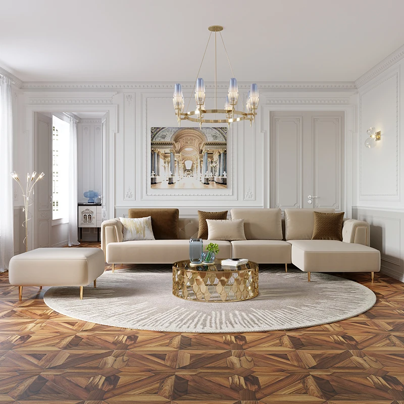 

Modern Velvet Fabric Tufted Section Sofa Set Furniture Sectionals Corner L Shaped Living Room Sofas