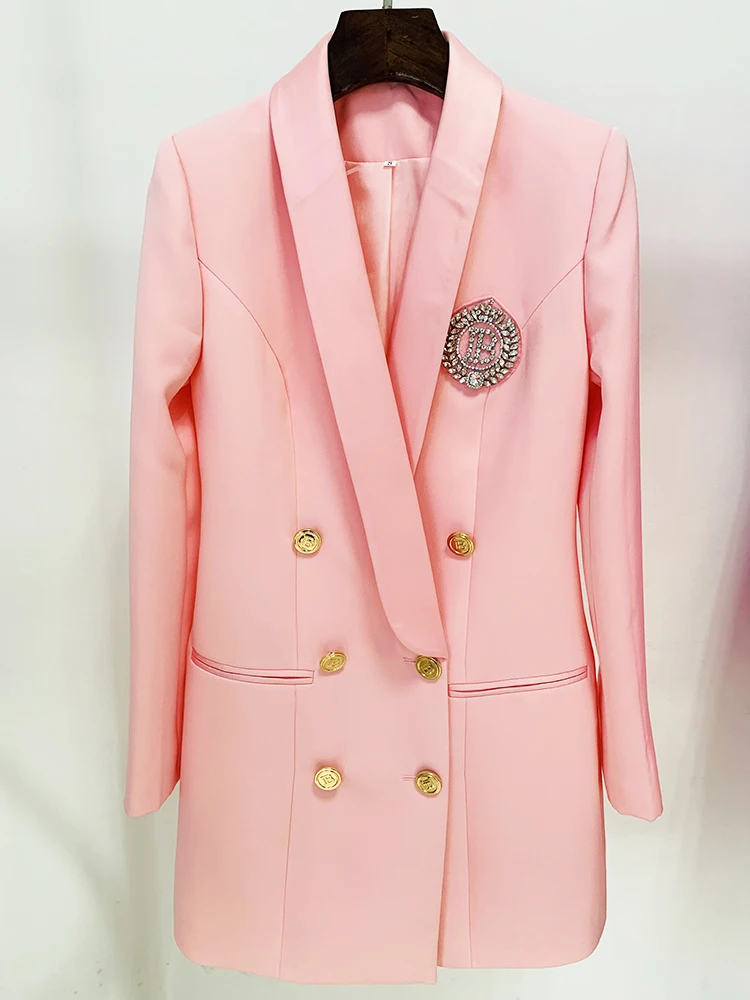 

HIGH STREET Newest 2023 Designer Blazer Dress Women's Slim Fitting Double Breasted Badge Beaded Shawl Collar Long Blazer