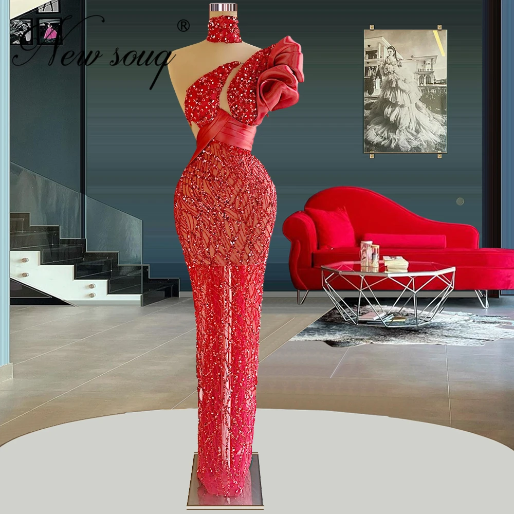 

Elegant Long Beaded Celebrity Dresses Red Dubai One Shoulder Evening Gowns 2022 Wedding Party Dress Couture Prom Dress Vestidos