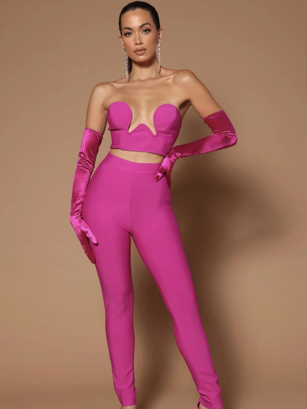 

Новинка 2023, розовый, красный, черный сексуальный Топ без бретелек, брюки, перчатки, комплект из 3 предметов, бандажный Модный женский комплект одежды для ночного клуба