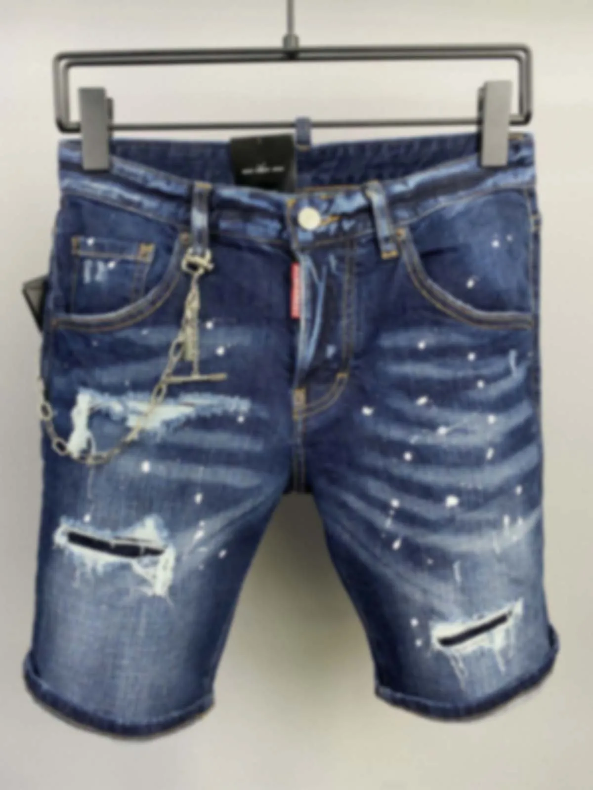 2023 Summer New D2 Jeans Trendy Men's 5/4 Denim Shorts Fashion Slim Fit Elastic Speckled Ink Shorts Men's Trendy Hole