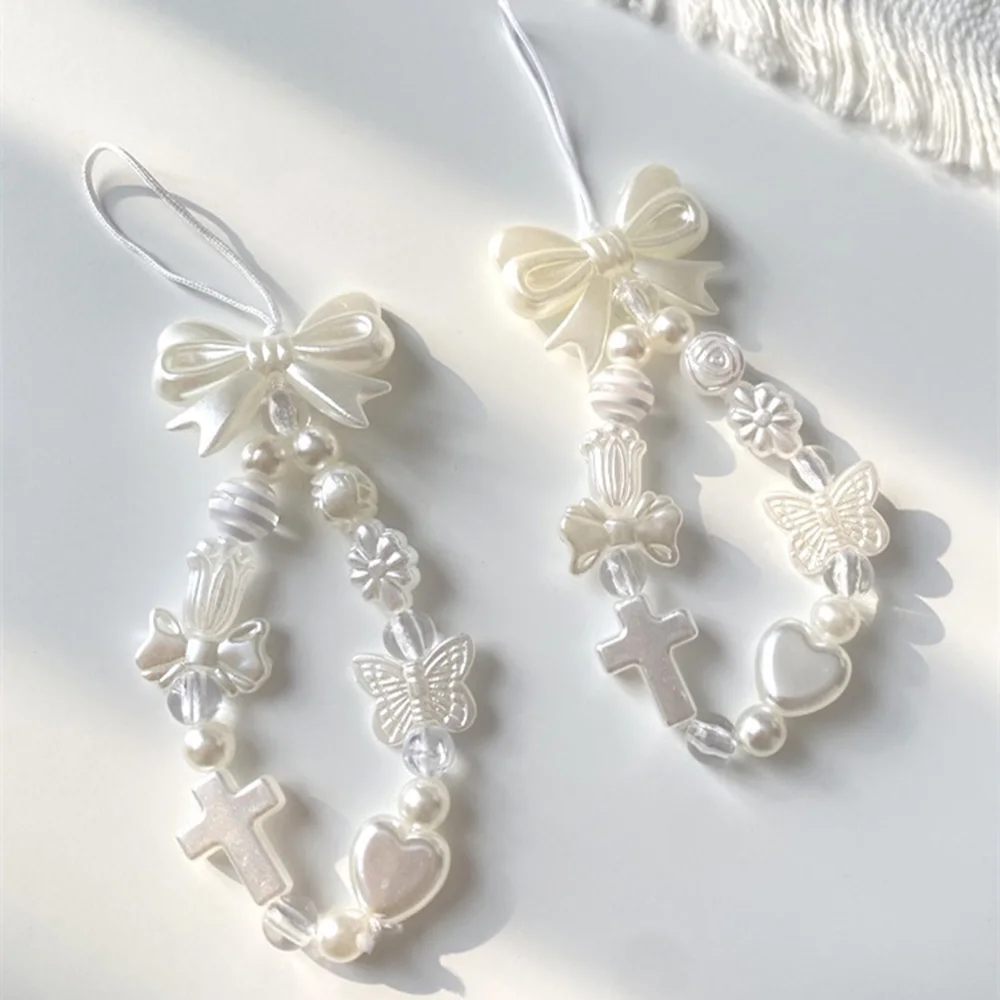 

Fashion Elegant White Short Mobile Phone Chain Women Bow Knot Beaded Phone Hanging Chain Cellphone Anti Loss Lanyard Jewelry