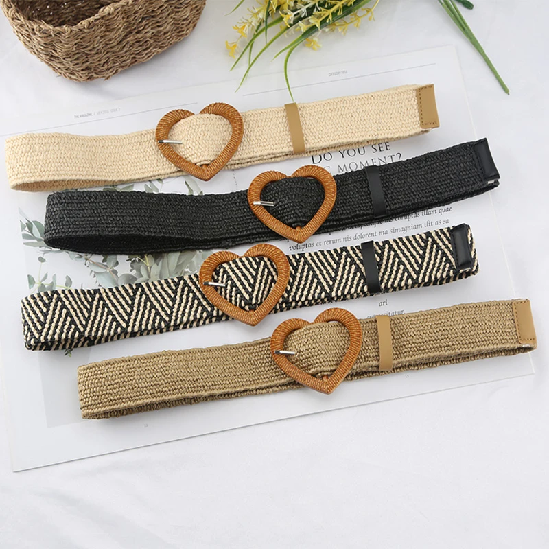 

Women Wide Braided Elastic Belt For Dress Heart-shaped Bamboo Buckle Casual Fashion Girdle Wood Buckle Fake Straw Waistband