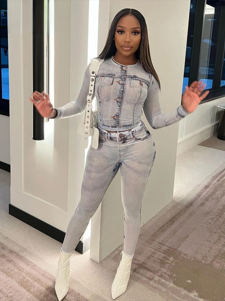 

traf za store blouses tracksuit women 3D Denim Print Two Piece Set Women Simple O-Neck Full Sleeve Crop Top+Skinny Stretch Penci
