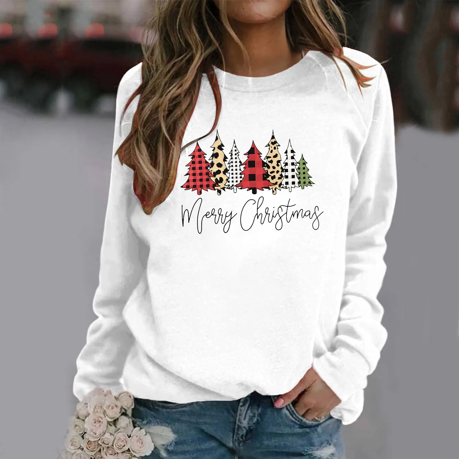 

Athletic Jacket with Hood Women Womens Fashion Merry Christmas Print Round Neck Hoodless Sweater Long Sleeve Layer