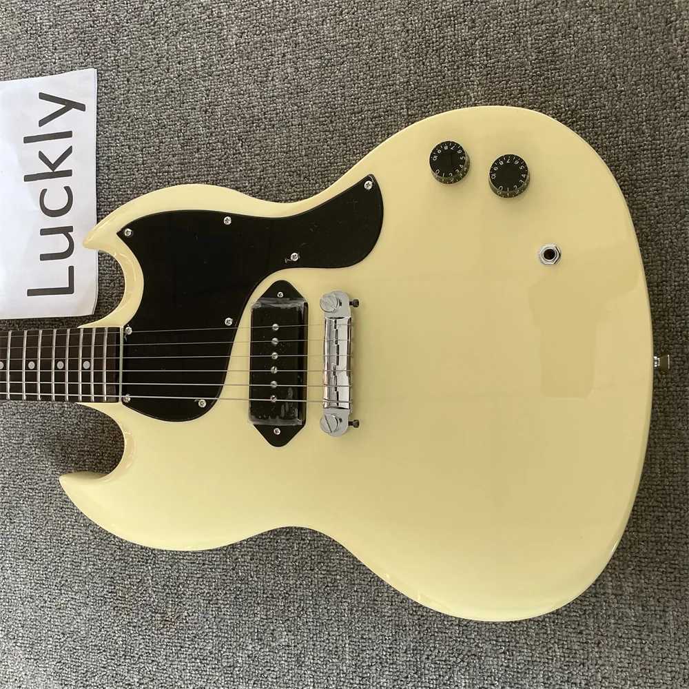 

Custom Shop 1965 Polaris White Cream SG Junior Electric Guitar Single Black P-90 Pickup, Vintage Tuners, Wrap arround Tailpiece