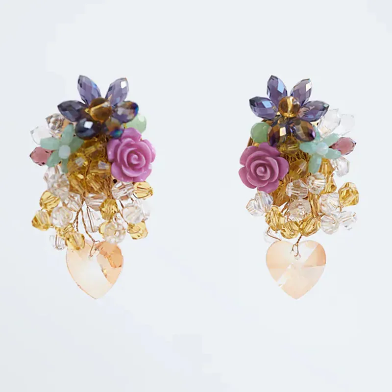 

European and American exaggerated personality handmade crystal flower earrings creative fashion long beaded earrings