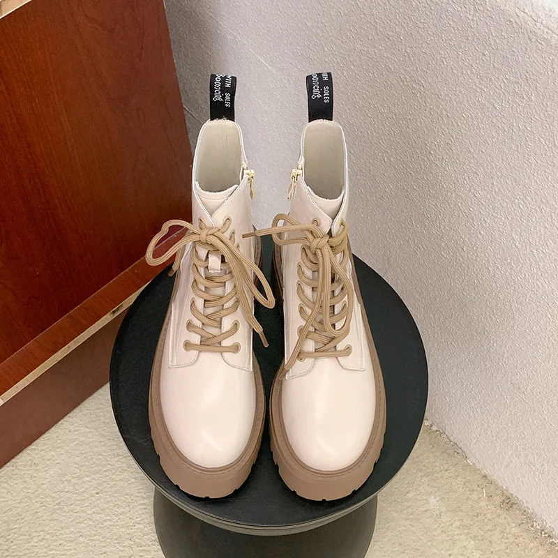 2022 New Autumn Winter Leather Women'S Boots Fashion Round Toe Zip Platform Shoes Ins Street Cross Tied Ankle Boots For Women