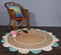 Jute Rug Indian Design Rug Round Fan Shape Beautiful Round Beige and White Sky Blue