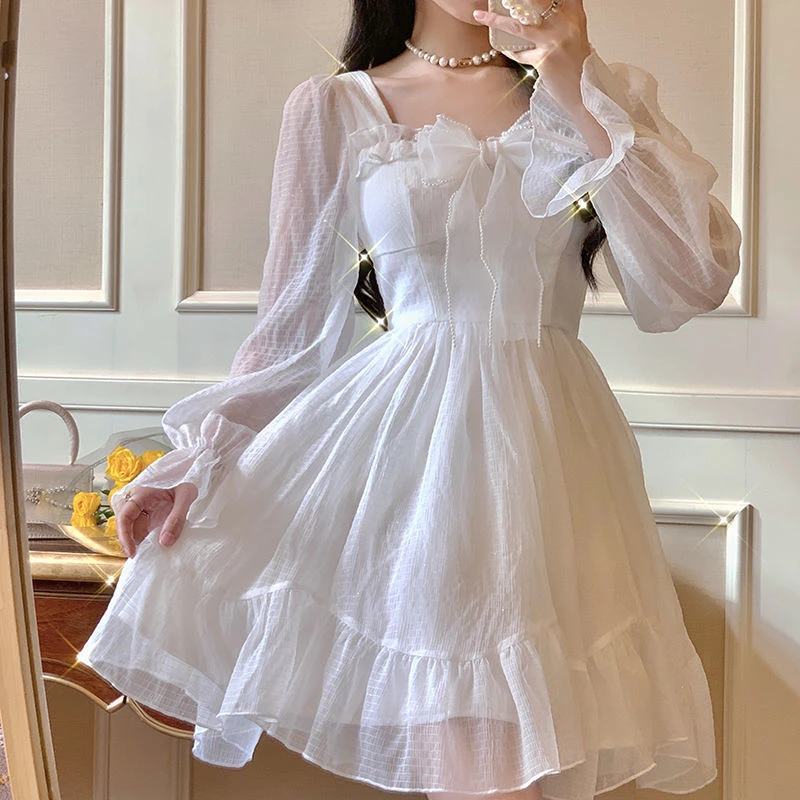 

2023 French Sweet Fairy Lolita Dress Women Long Sleeve Lace Y2k Mini Dress Vintage Kawaii Clothes One Piece Dress Korean Autumn