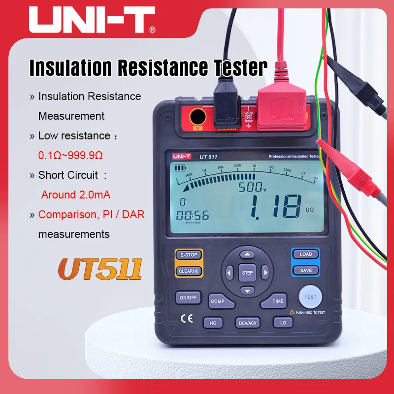 

UNI-T UT511 Insulation Resistance Tester 1000V 10Gohm Low Ohm Ohmmeter Digital Voltmeter Auto Range LCD Backlight Megger