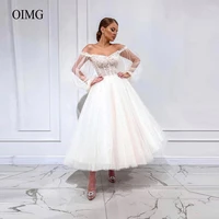 oimg off the shoulder full pearls wedding dresses puff long sleeves tulle ankle length bride gowns new 2022 robe de mariage