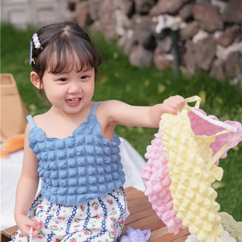 

2022 New Kid Girls Vest Fashion Loose Casual Thin O-Neck Sleeveless T-Shirt Summer Korean Version Solid Color All-Match Camisole