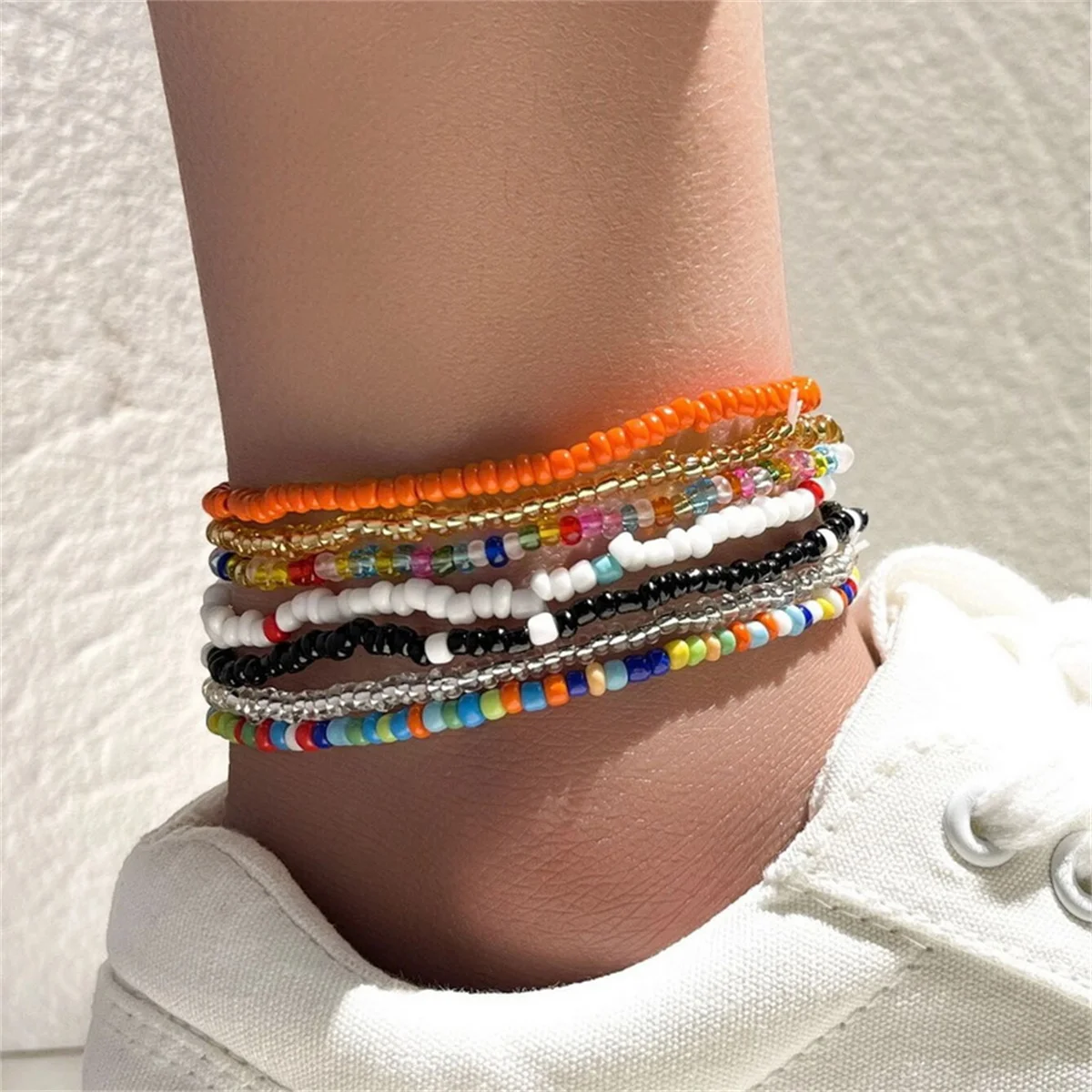 

Bohemian Multicolor Beaded Chain Anklets For Women Summer Beach Elastic Rope Chain Ankle Bracelet Set Y2K Female Foot Jewelry
