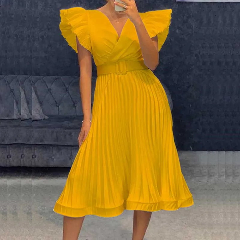 

African Pleated Dresses Women Yellow Short Sleeve V-neck Party Dresses Elegant Ankara Robe African Clothes Summer 2022 Outfits