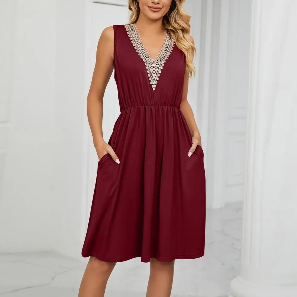 

Women Dress Sleeveless V Neck Pockets Solid Color Tight Waist Casual Ladies Midi Dress Summer Party Dress Women Clothing
