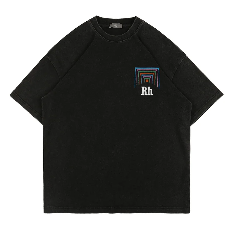 

Oversize Rhude BOX PERSPECTIVE T-shirt 2021 Summer Men Women Vintage 1:1 Quality RHUDE Tee Color Logo Print Tops Short Sleeve