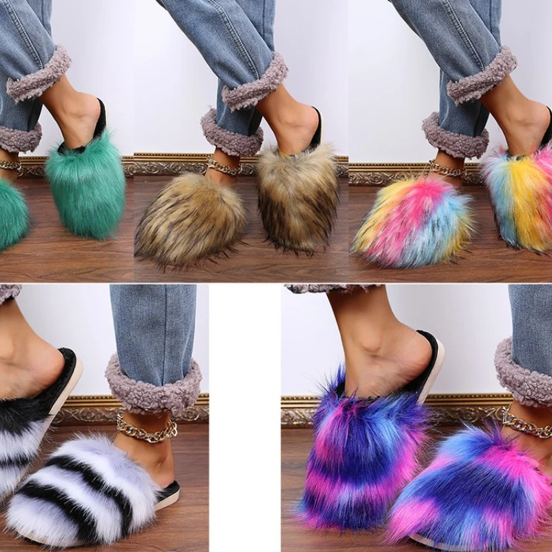

Summer Women Raccoon Fur Slippers Ladies Plush Slides Female Furry Sandals Fluffy House Shoes Girl's Cute Flip Flops Large Size