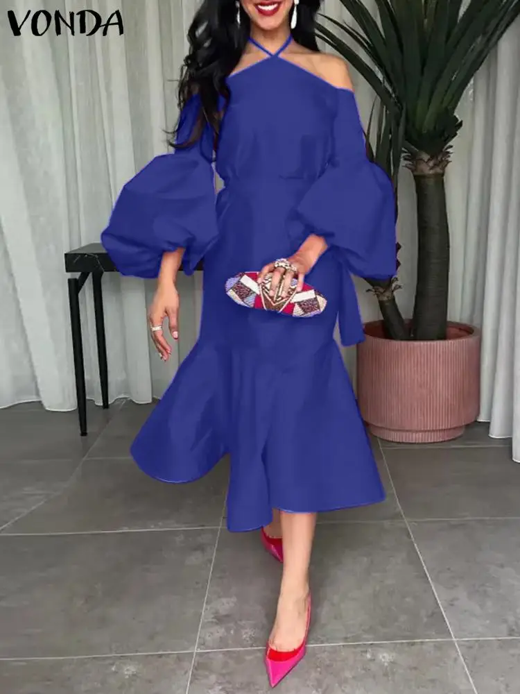 

Women Sexy Off Shoulder Dress 2023 VONDA Party Long Dress Vintage Lantern Sleeve Swing with Belt Vestidos Solid Color Sundress