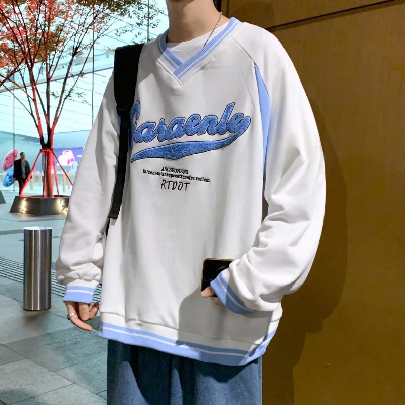 

YASUGUOJI Autumn 2022 Fashion V-neck Letter Embroidery Hoodies Men Streetwear Loose Hip Hop Patchwork Pullover Mens Sweatshirt
