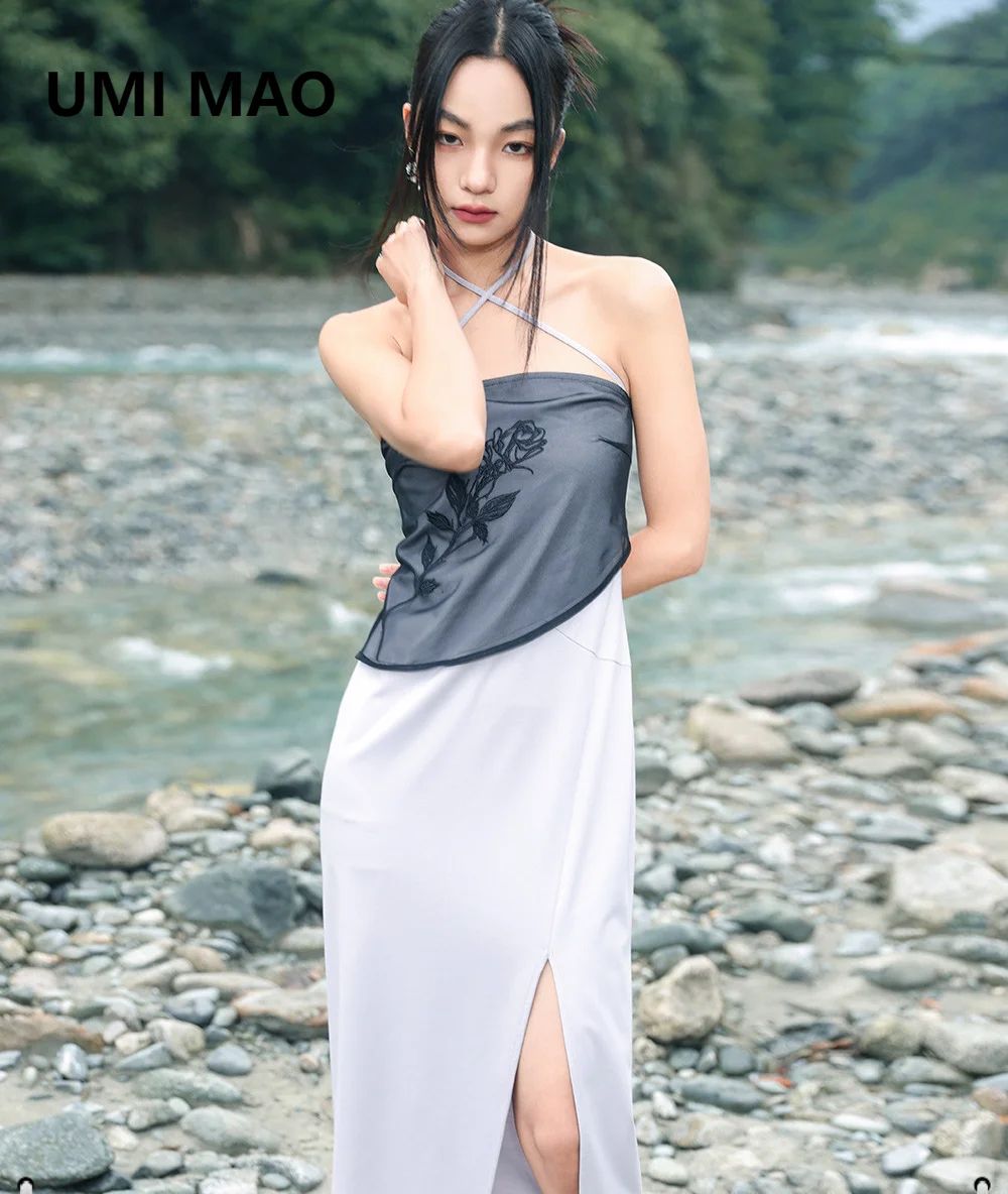 

Женское трикотажное платье в национальном стиле UMI MAO, элегантное Сетчатое платье-комбинация с разрезом, Y2K, лето 2023