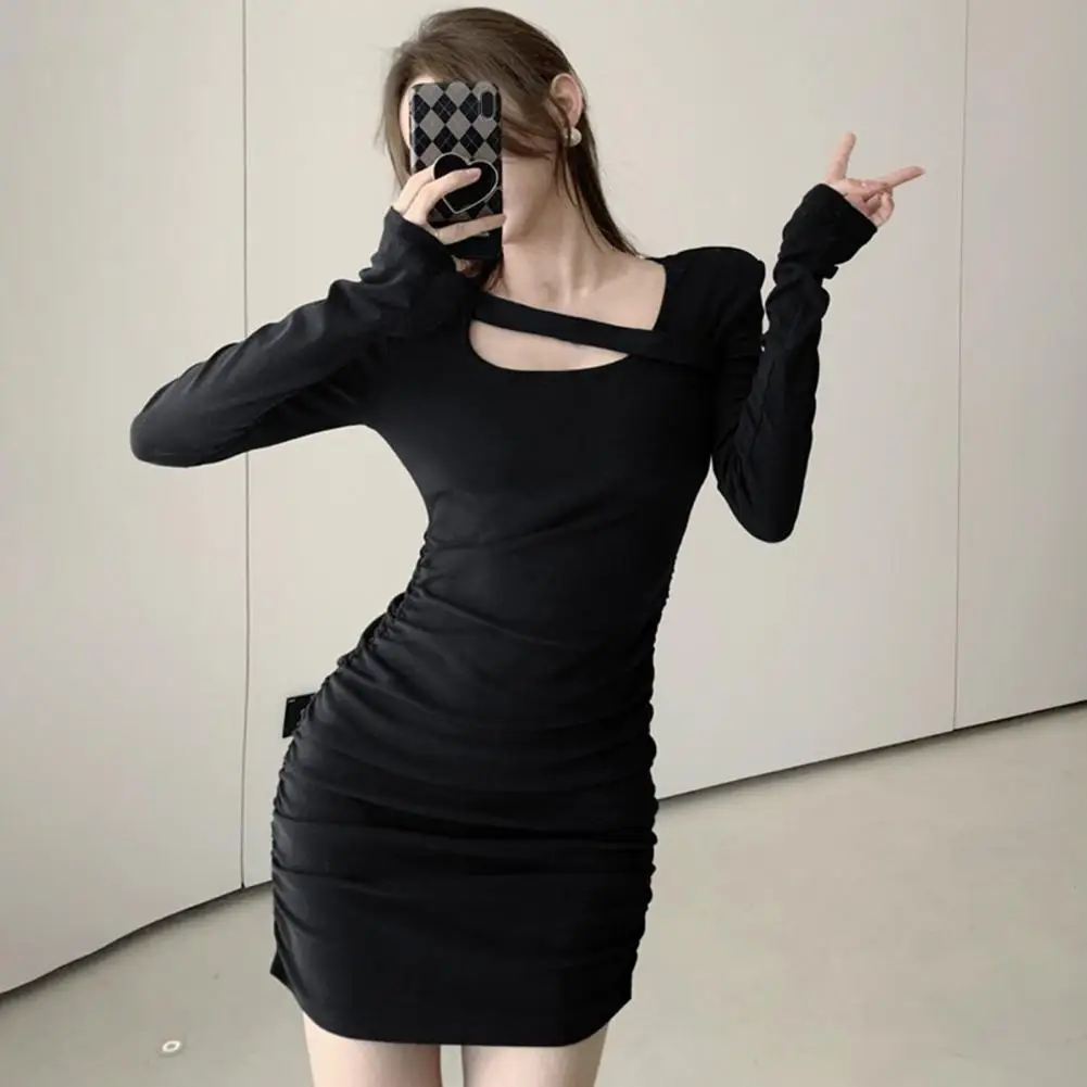 

Lady Dress Long Sleeves Winter Dress Pleated Dating Sheath Dress