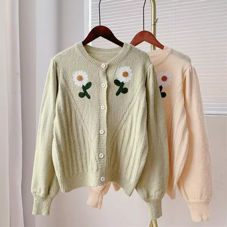 

Женский вязаный кардиган с цветочным принтом, свободный свитер с круглым вырезом и длинным рукавом, на одной пуговице, осень 2021