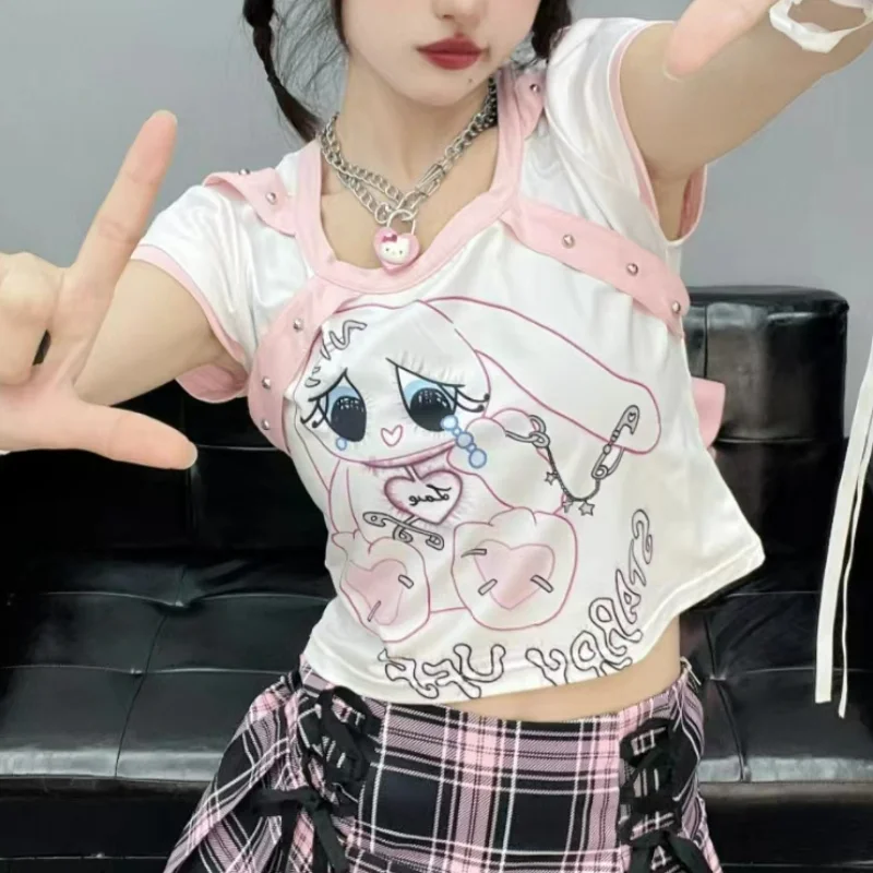 

Y2k Clothes Kawaii Cute Crop Top Summer Japanese O Neck Contrast Color Patchwork Women T-shirts Rivet Letter Cartoon Print Tees