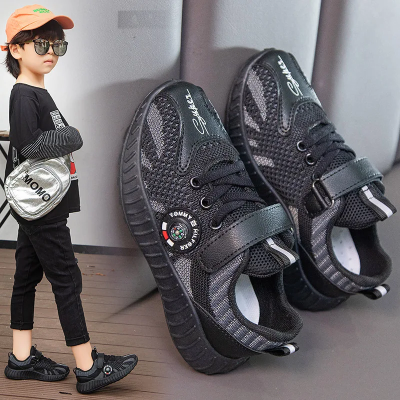 

Spring Children Girls Flying Woven Hollow Breathable 2022 Running Shoes Boys Mesh Solid Black Soft Bottom Sneakers Kids Fashion