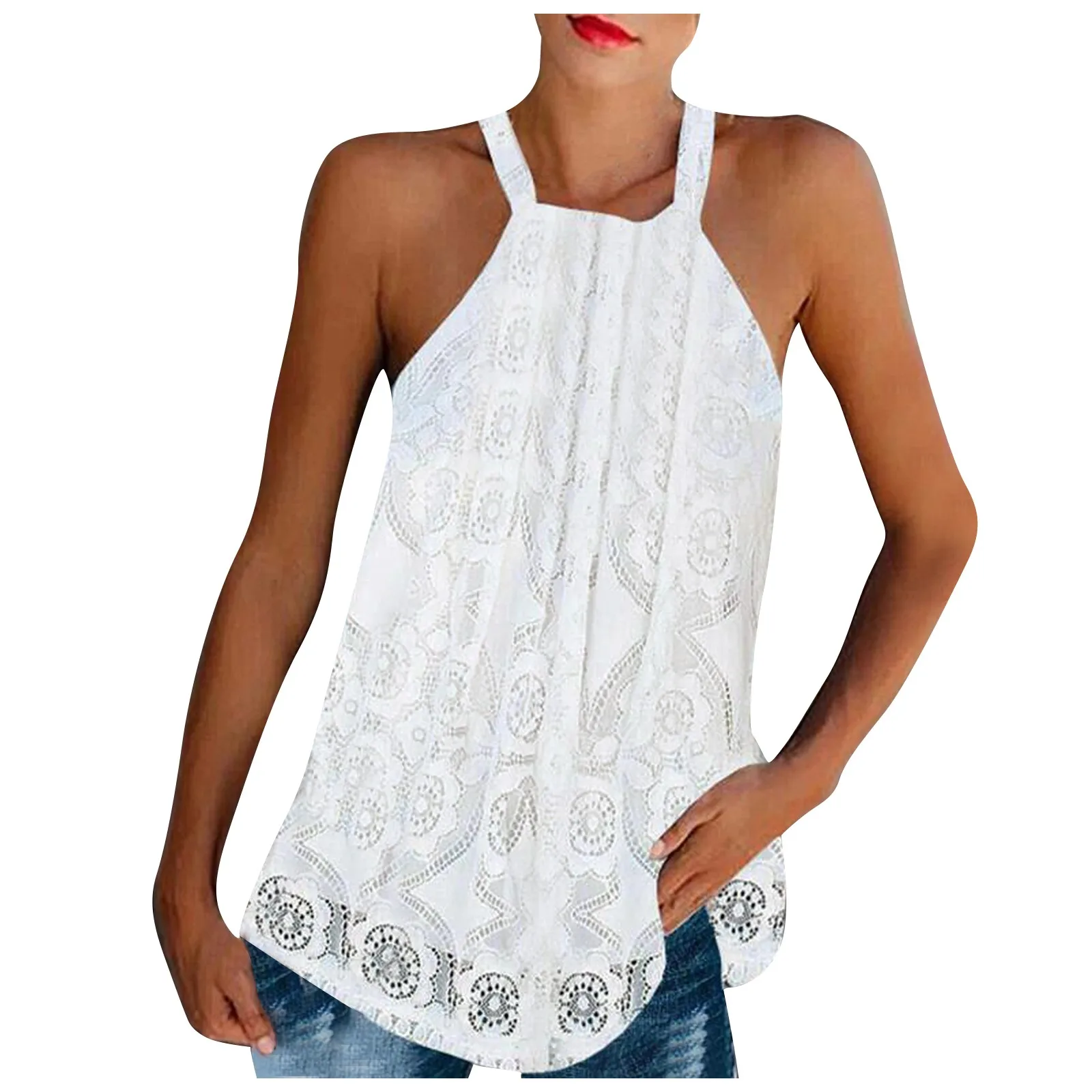 

Tank Round Summer Neck Women's Vest Solid Camisole Sleeveless Lace Tops Women's Tanks & Camis tank top