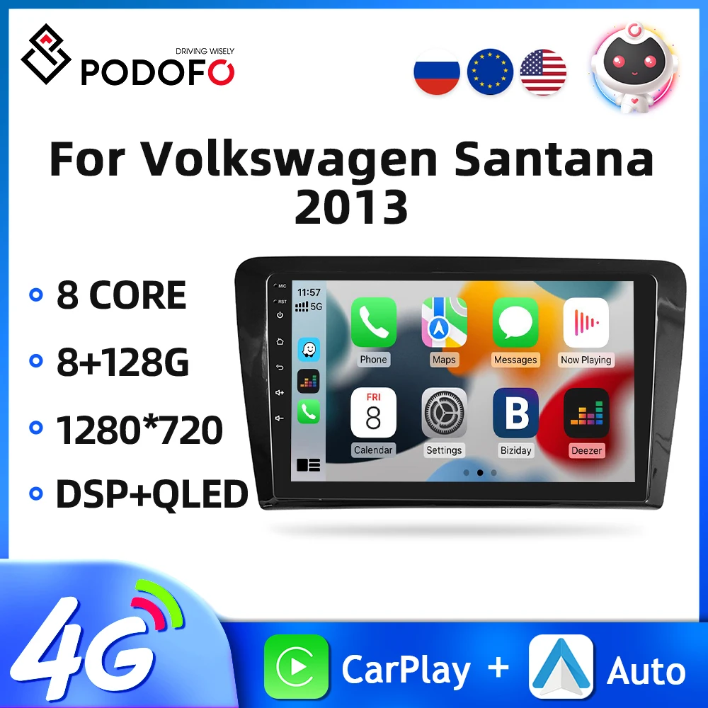 

Автомагнитола Podofo 2din для Volkswagen Santana 2013, Android, автомобильная стереосистема с навигацией, GPS, Wi-Fi, Carplay, 9 дюймов, 2din стерео радиоприемник