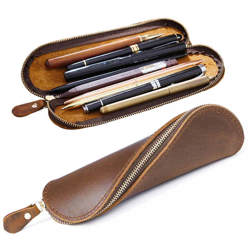 Handmade Nature Cowhide Pencil Case Zipper Genuine Leather Stationery Holder School Office Portable Travel Journey Supplies