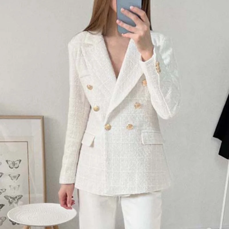 2022 Women Jacket Spring TRAF Fashion Double Breasted Tweed Blazer Coat Vintage Long Sleeve Female Outerwear Chic Top 2022
