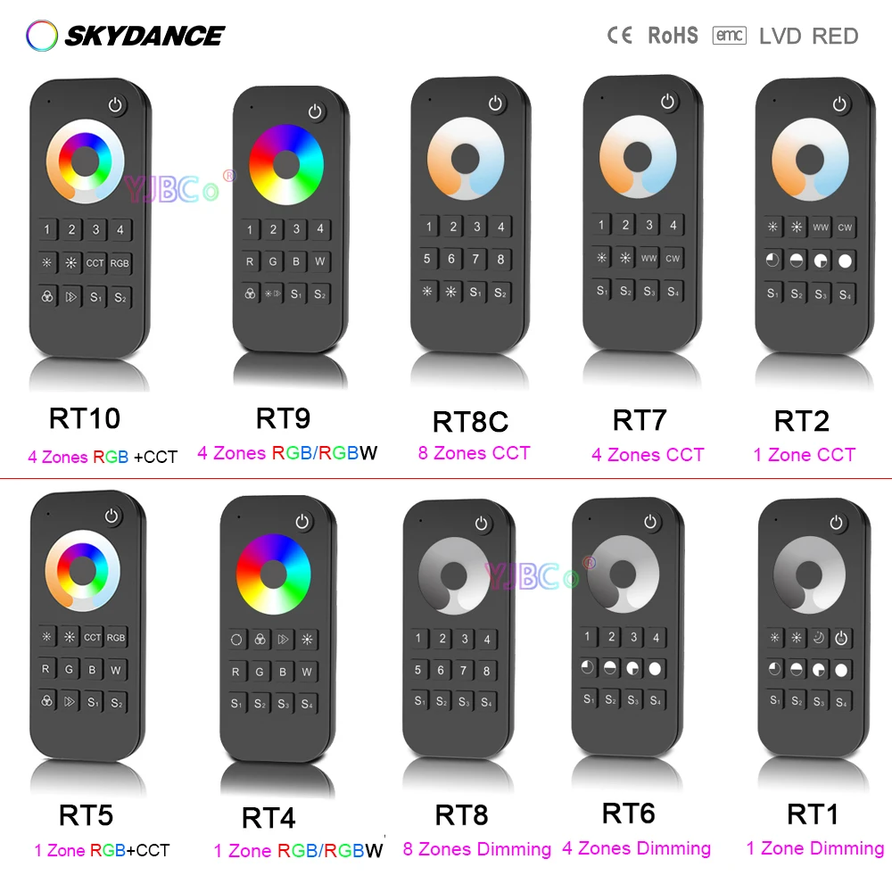 

Skydance Wireless 2.4G RF Remote 1/4/8 zones single color Dimming/CCT/RGB/RGBW/RGBCCT Dimmer Switch Touch Wheel LED Controller