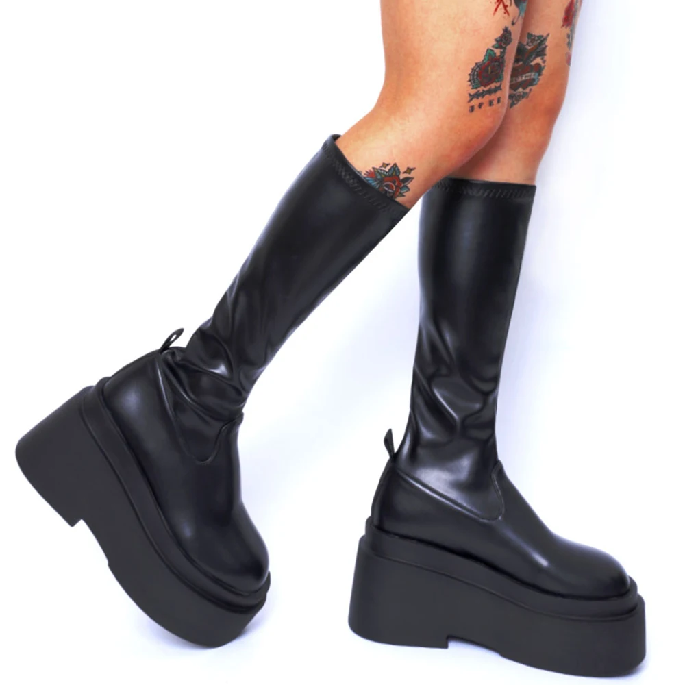GIGIFOX Platform Chunky Heel Punk Motorcycle Street Knee High Boots Gothic Autumn Winter Slip On Long Boots Shoes Big Size 43