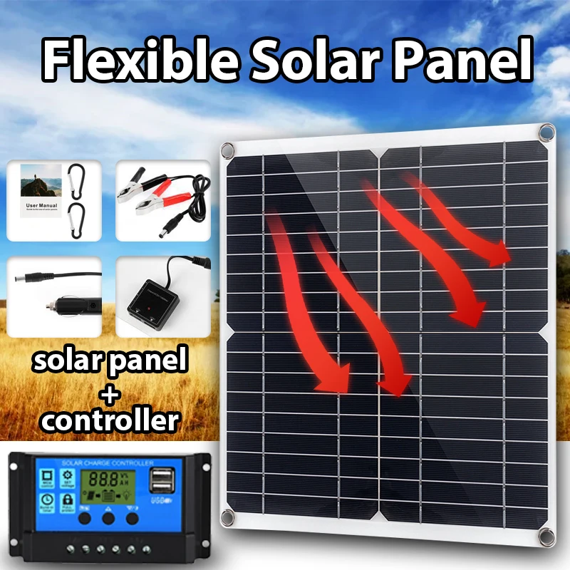 

New 100W/200W Solar Panel Kit Complete with 60A Controller Double USB Charger for Mobile Phone Car RV and Ship Outdoor Travel