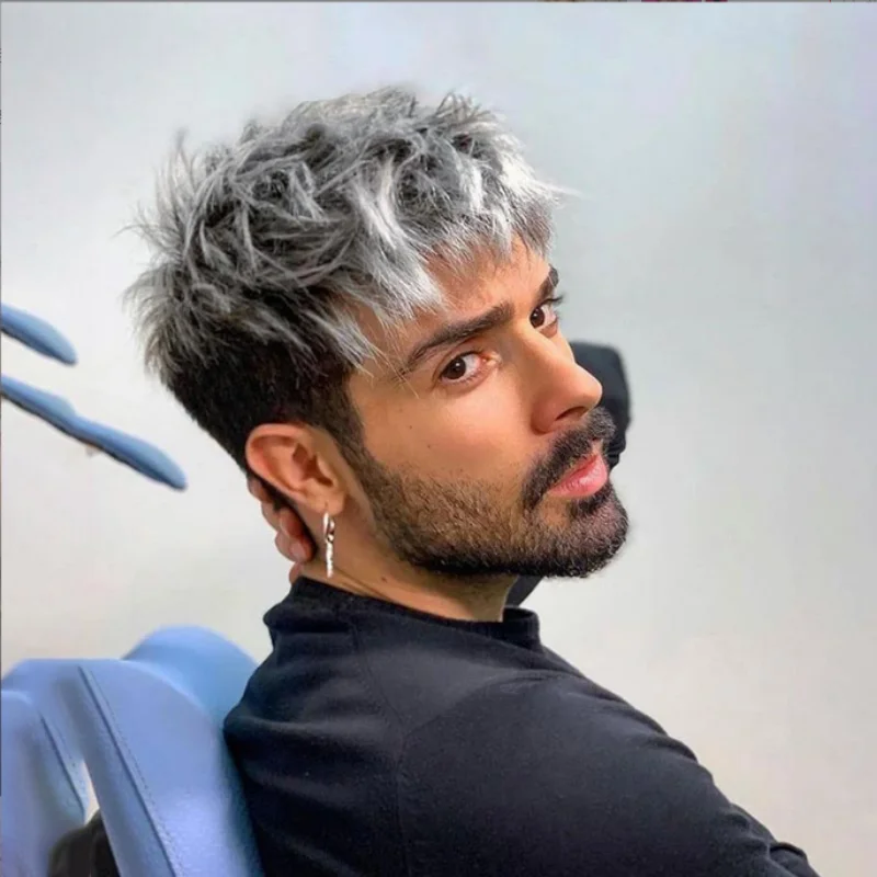 

New synthetic wig men's silver gray gradient messy short curly wig cover