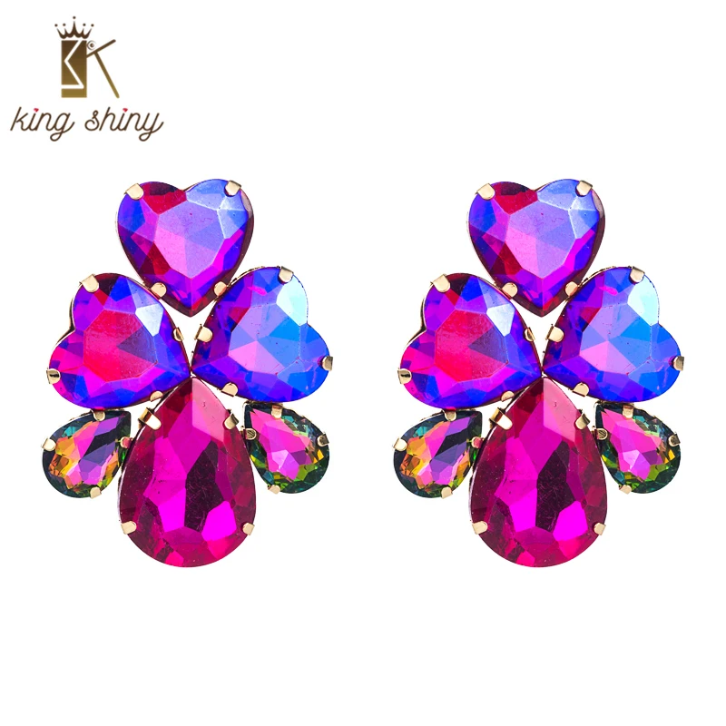

King Shiny Ins Trendy Heart Shape Crystal Stud Earrings Elegant Water Drop Gemstone Statement Earrings Girls Ear Jewelry Brincos