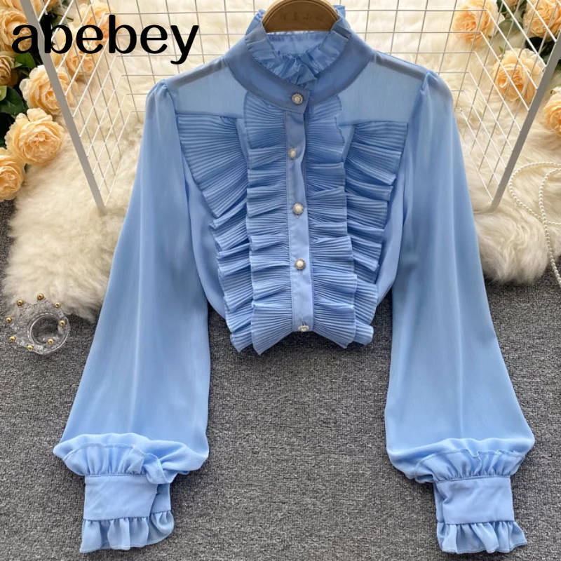 

Блузка женская шифоновая с длинным рукавом, воротником-стойкой и оборками