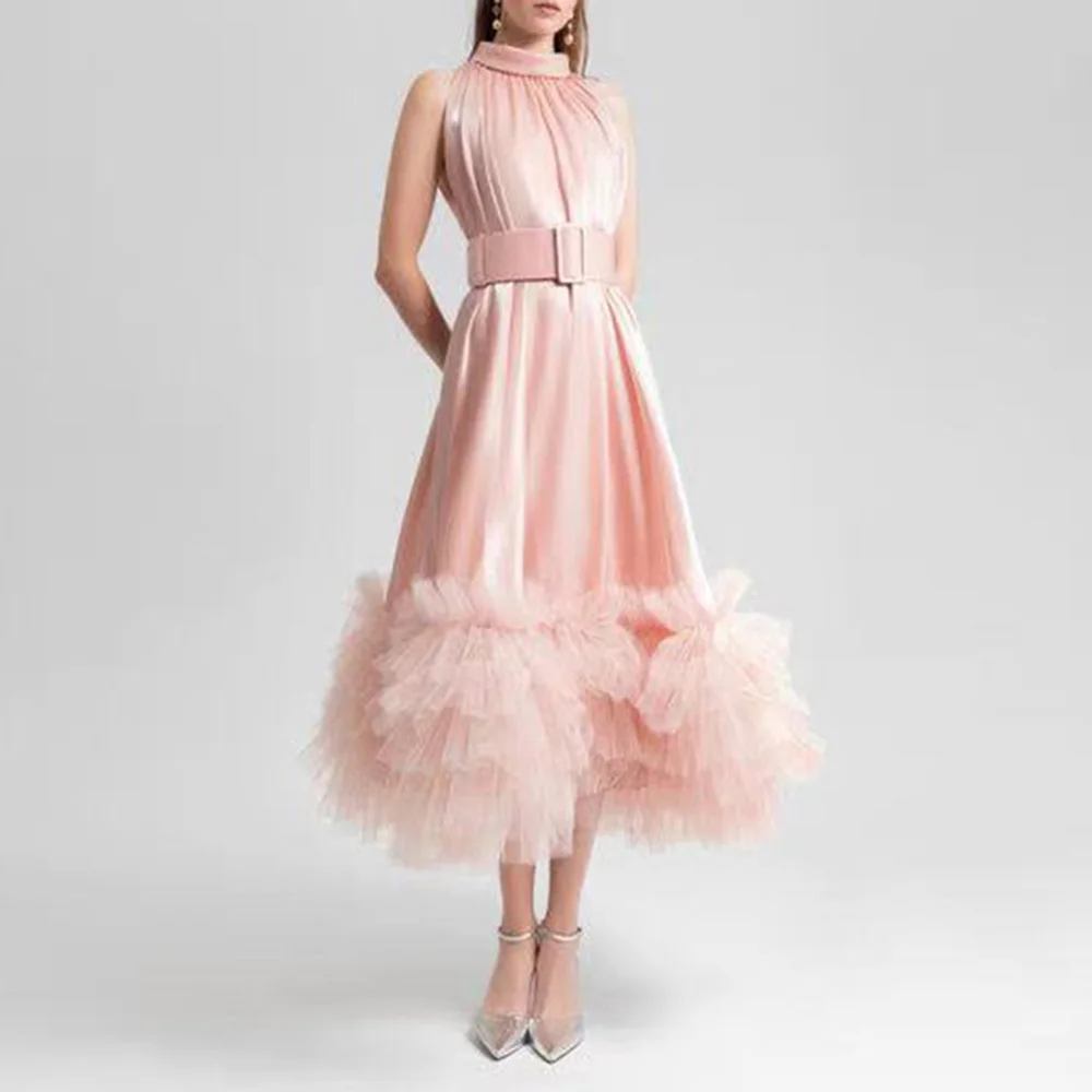 

Женское Сетчатое платье-миди составного кроя, однотонное элегантное платье средней длины с воротником-халтером, открытыми плечами и высоким поясом без рукавов, 2023