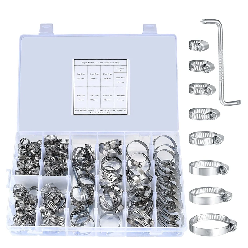 

Зажимы для шланга из нержавеющей стали, регулируемые, 8-44 мм, 100 шт.