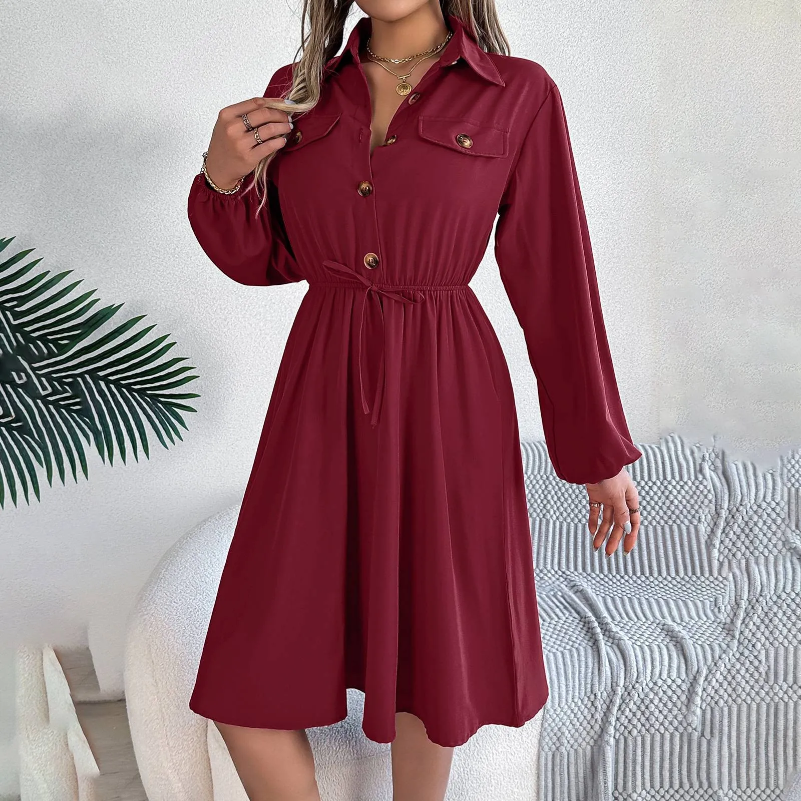 Летнее однотонное платье макси с длинными рукавами блузовое платье-фигура