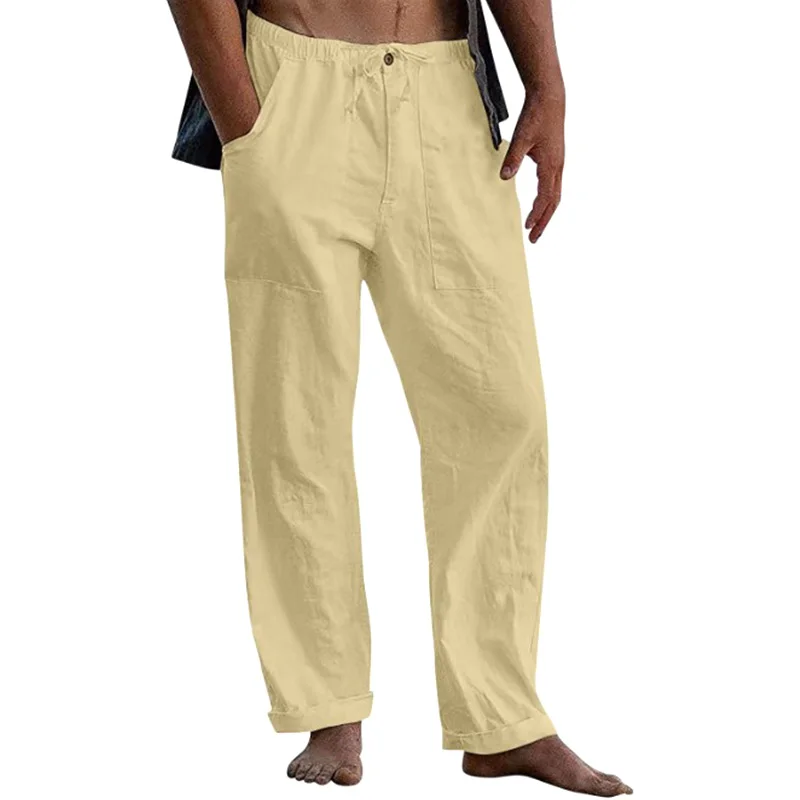 

Men Wide Leg Long Pant Summer Casual Breathable Loose Solid Color Cotton Linen Pants Male Trousers Elasticated Waist