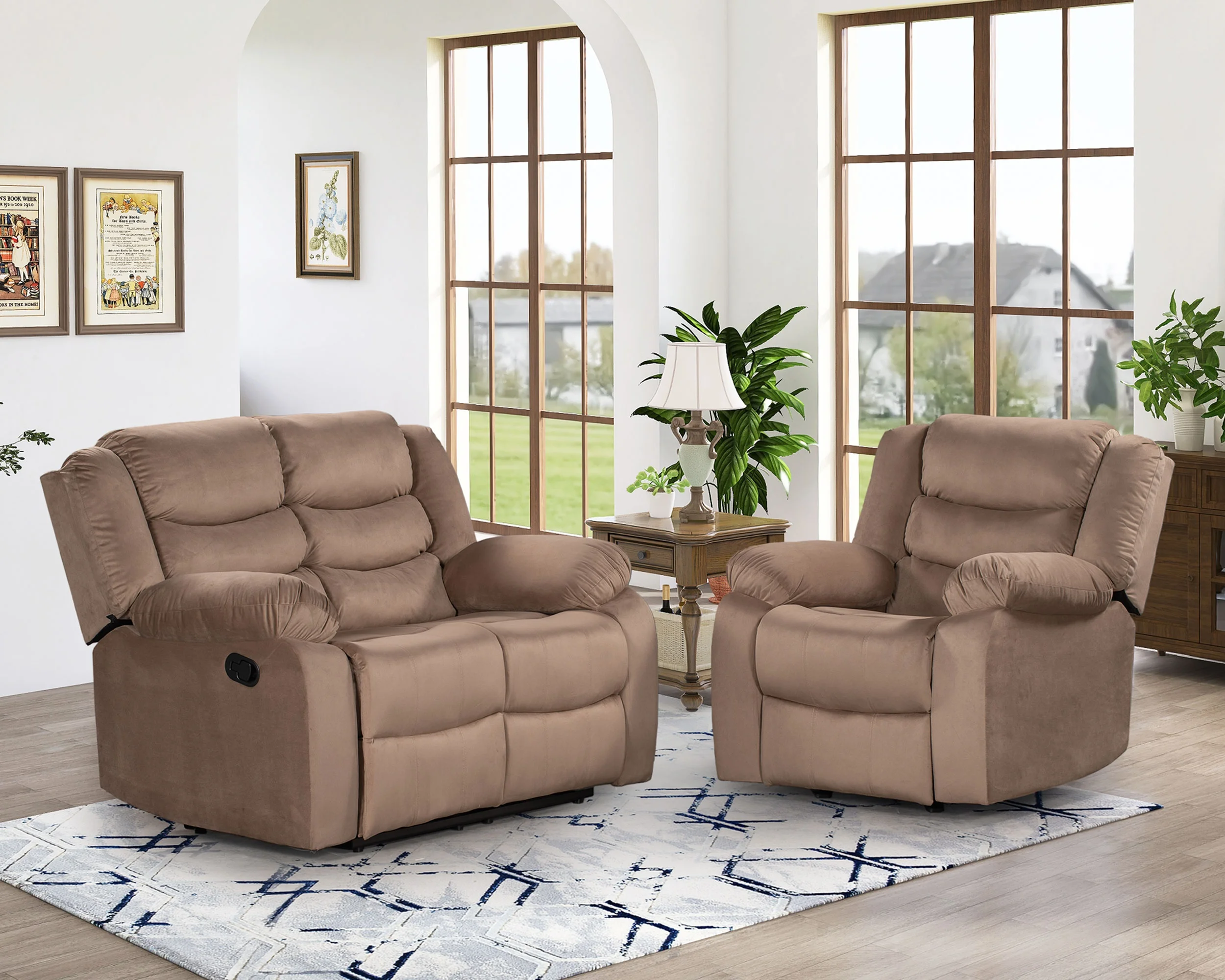 

FurnitureHome Theater Seating Manual Recliner, Velvet Upholstered Reclining Sofa Set for Living Room (1+2 Seat）
