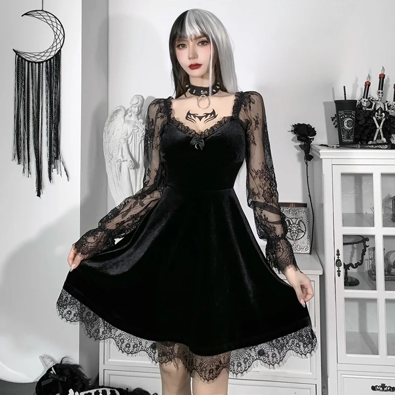 

New Autumn Kawaii 2021 Sexy Lace Mesh Square Collar Long Sleeve A-LINE Mini Dress Ruffle Gothic Y2K Korean Sexy Dresses B9P6