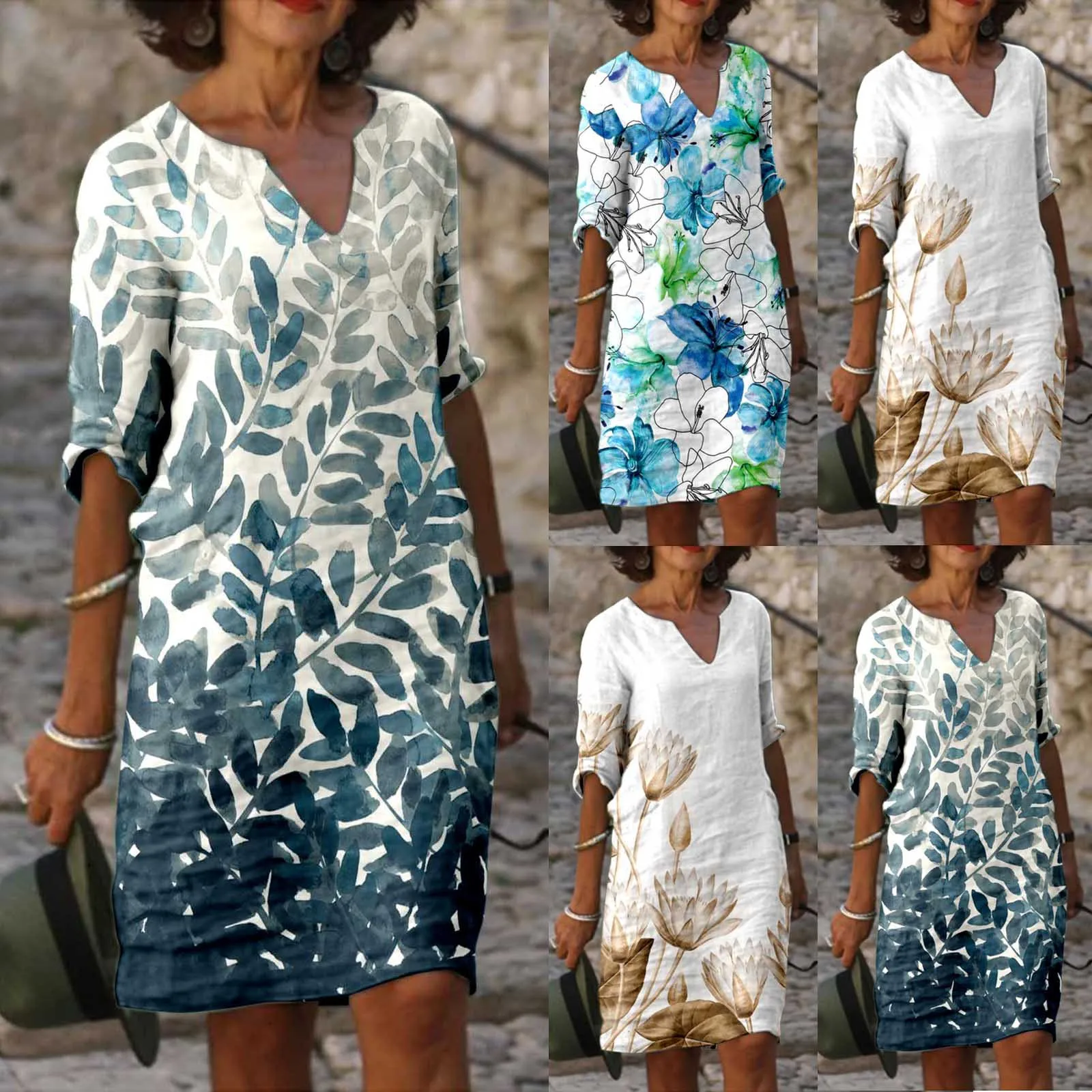 

Vntiage Print Linen Cotton Dresses Women Summer Loose Fashion V Neck Daily Casual Vestidos Ladies New Half Sleeve Mini Dress Fee