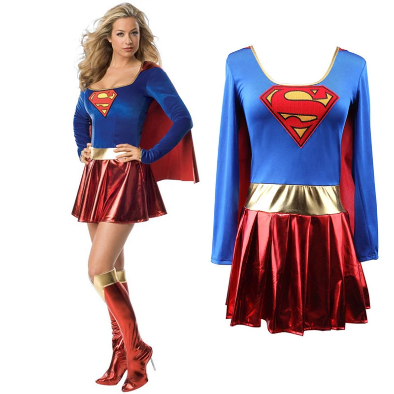 

Adult Kids Superwoman Dress Cosplay Costumes Super Girls Dress Shoe Covers Suit Superhero Woman Top Cloak Halloween Costume